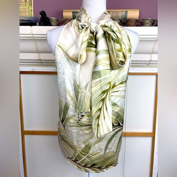 Rachel Zoe glamorous back tie neck bow cream w/green plants - Picture 3 of 7